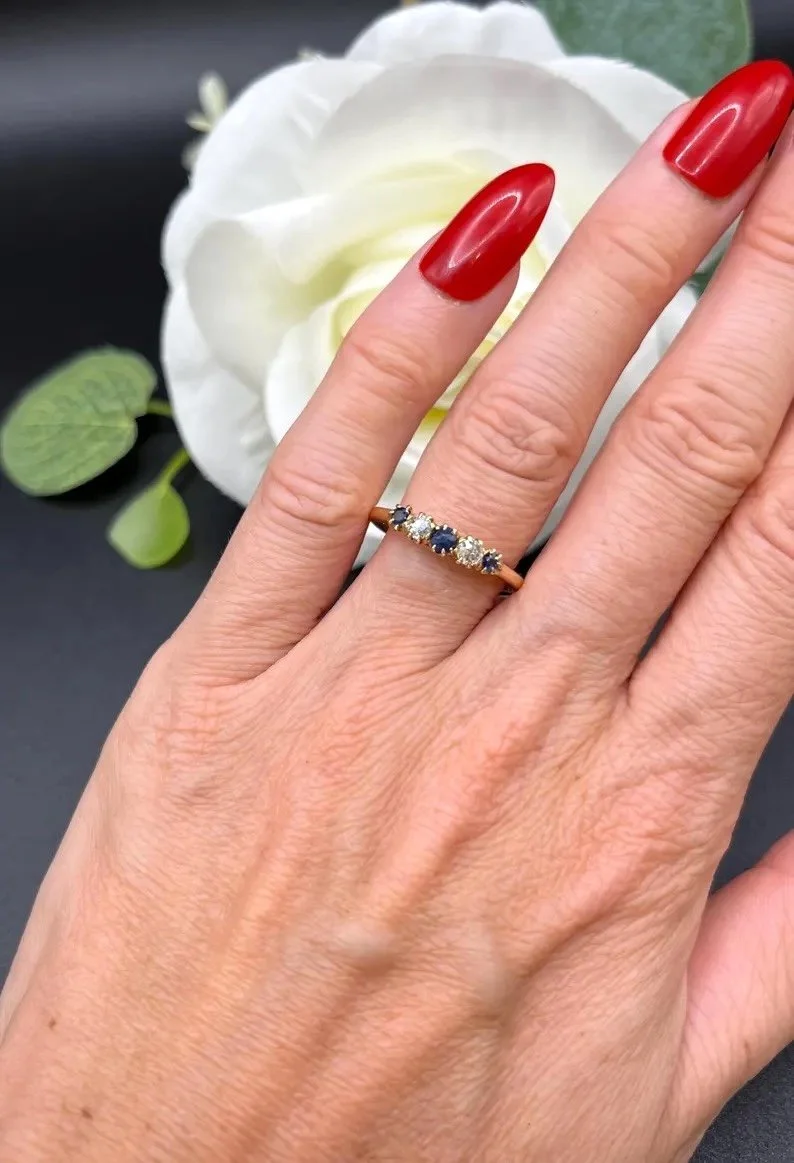Antique 18ct Yellow Gold, Sapphire and Old Cut Diamond Five Stone Ring, Birmingham 1904