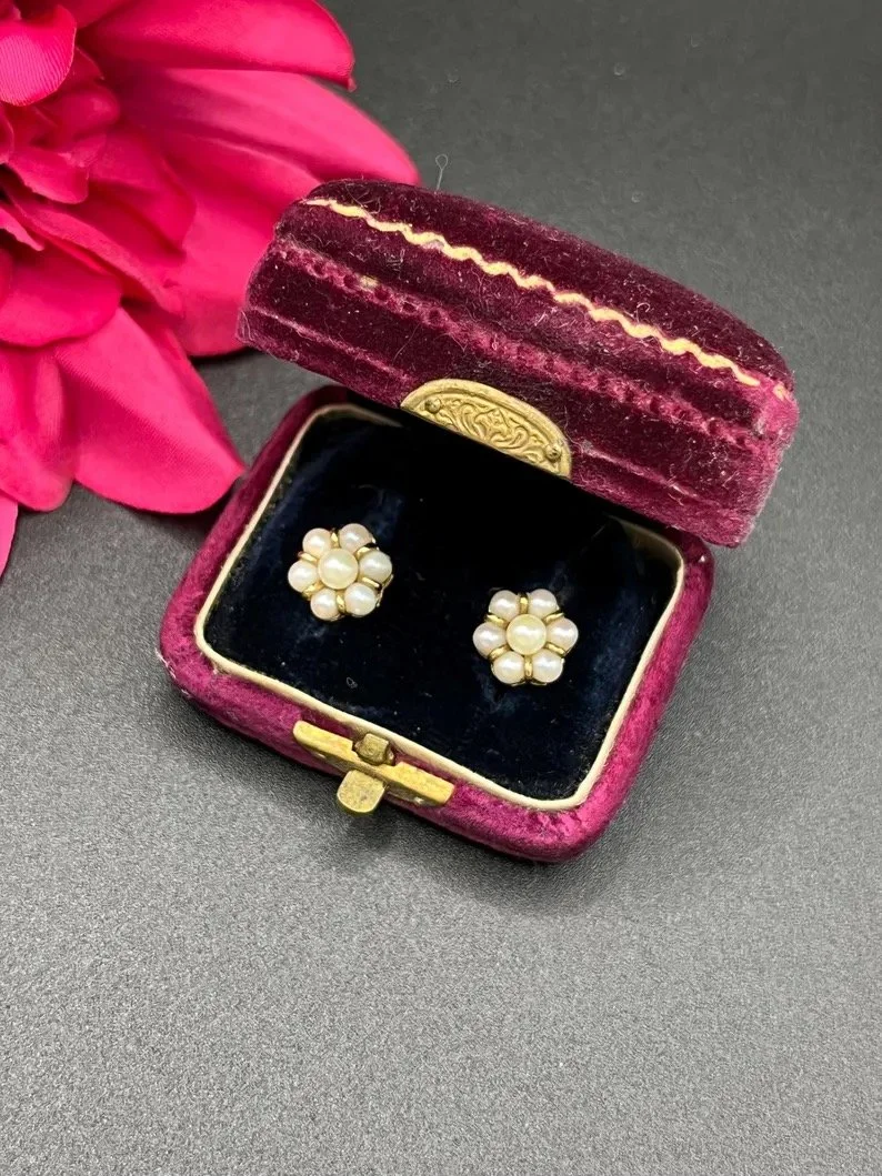 Antique 18ct Yellow Gold Pearl Daisy Cluster Earrings
