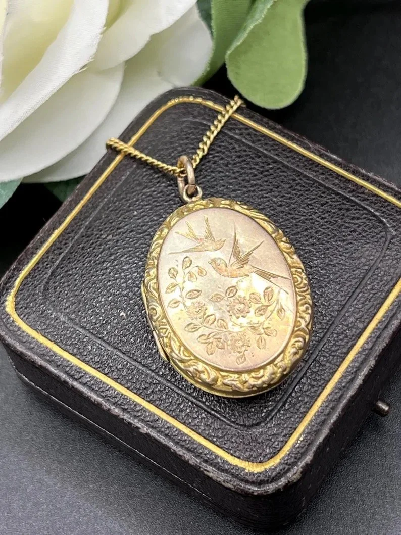 Antique 9ct Rose Gold Back & Front Stamped, Edwardian Oval Shaped Swallow Locket