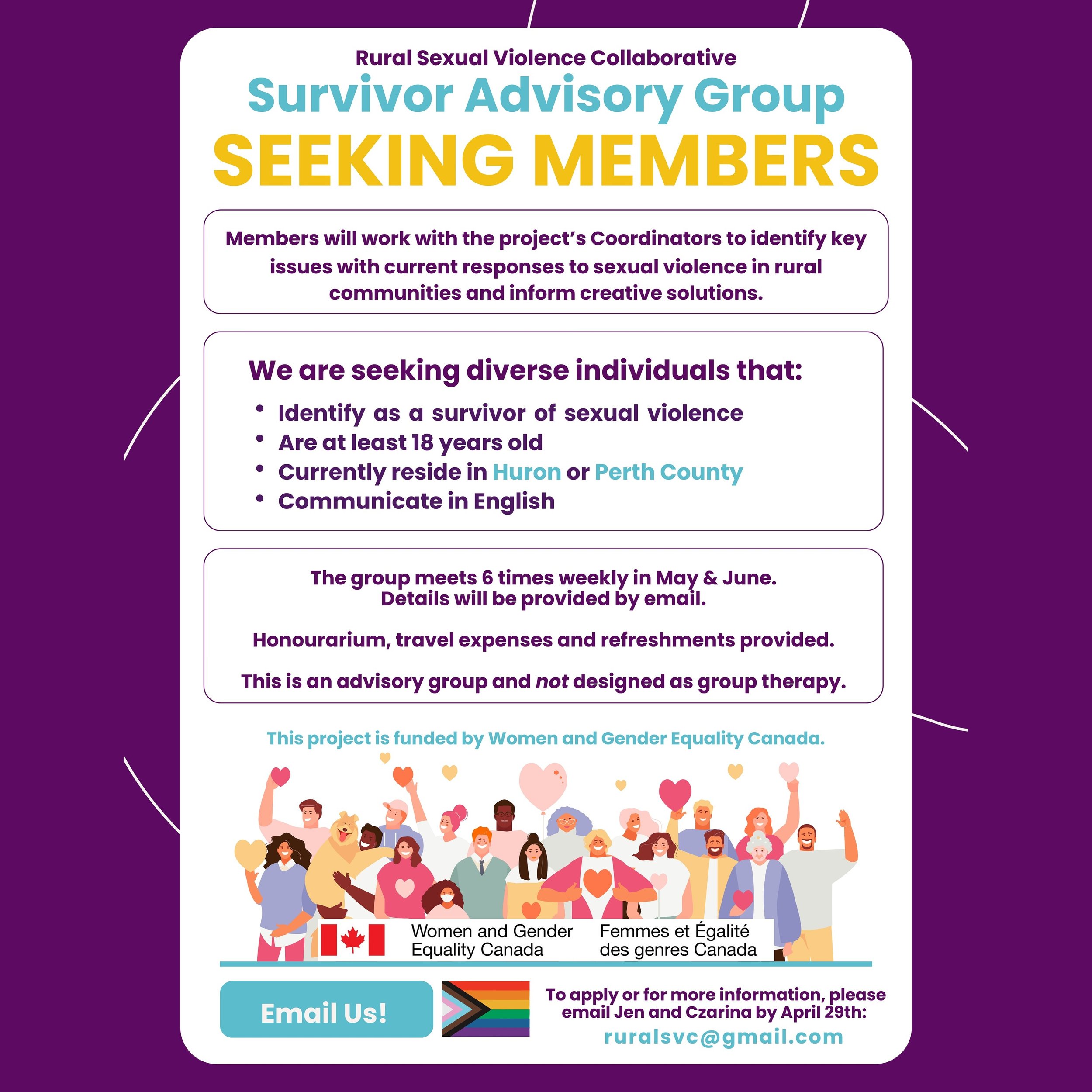 The Rural Sexual Violence Collaborative in Huron &amp; Perth is recruiting members for their Survivor Advisory Group ⬇️

The Survivor Advisory Group will play a vital role in guiding the Rural Sexual Violence Response Framework to improve services an