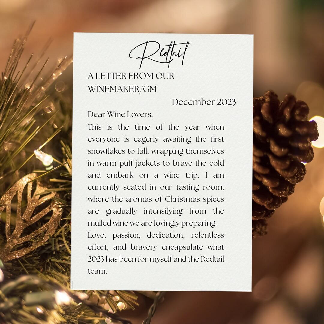 Our Winemaker/GM's Holiday letter unveils the magic of the season and a sneak peek into the extraordinary vintages that await in 2024. Here's to joyous holidays and the exciting journey ahead! 🎄🍷 

#redtailvineyardspec #vqaontario #pecwinery #princ