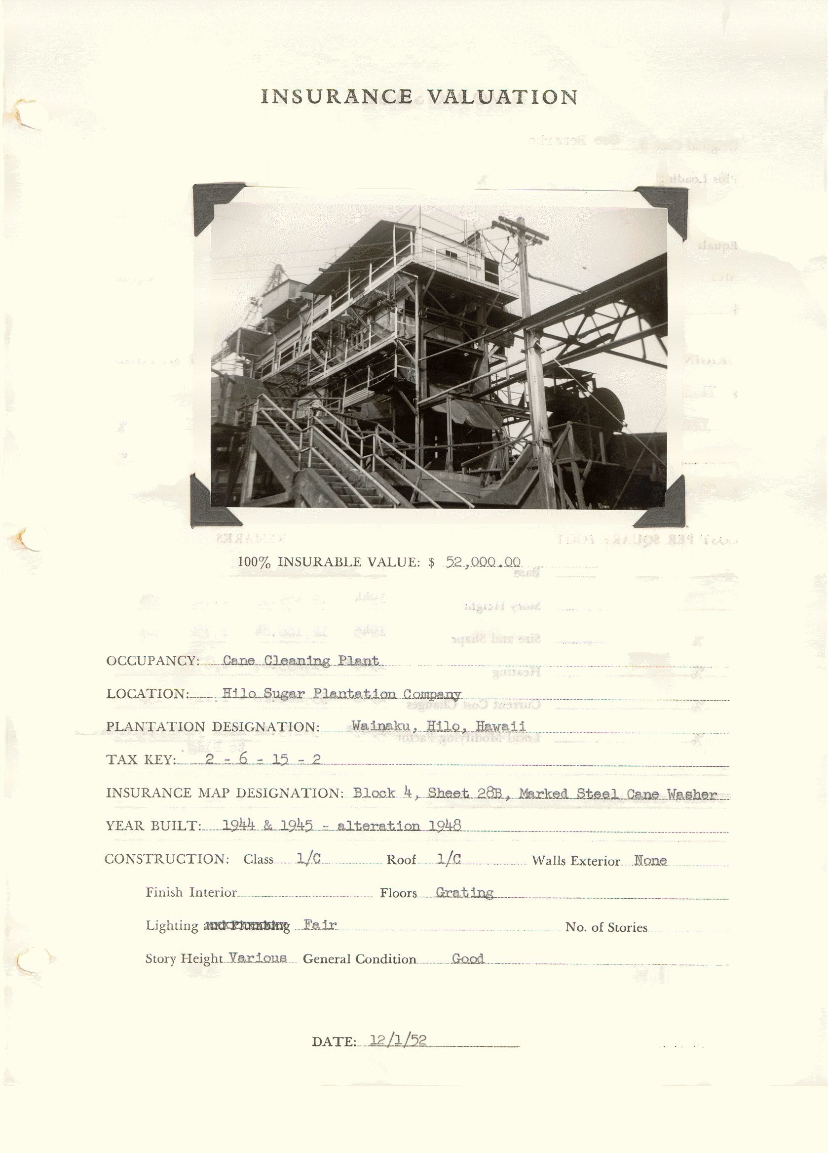 a historical document, the insurance valuation and photo of a sugar cane cleaning plant in 1952.