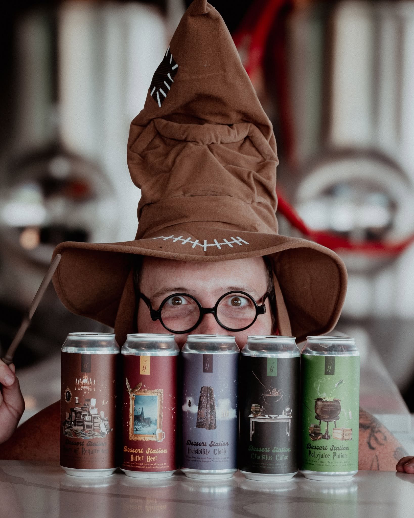 Person wearing a wizard sorting hat costume posing behind Corporate Ladder Brewing Company’s Potter themed beer cans for the Happee Birthdae Harry beer event in Palmetto, FL.
