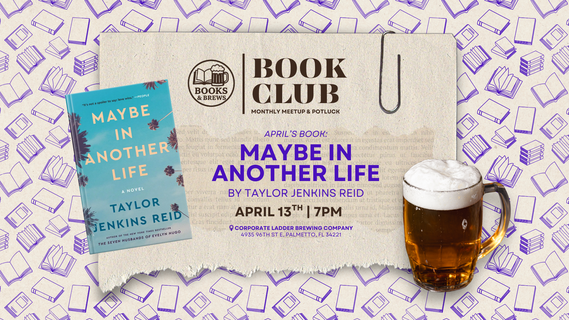 Books and Brews book club at Corporate Ladder Brewing Company in Palmetto Florida April 13 2026 at 7 PM