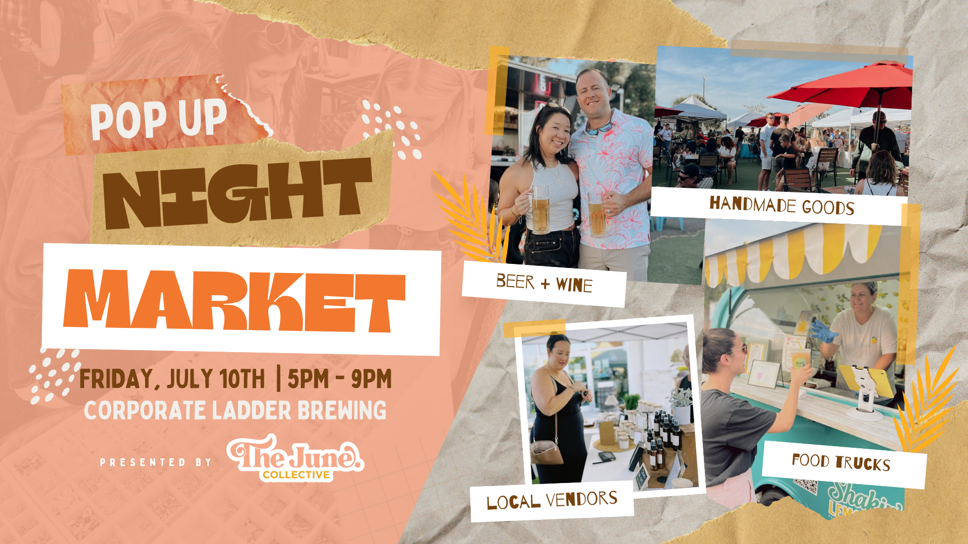 Night Market event cover for Friday, July 10, 2026 at Corporate Ladder Brewing Company in Palmetto, FL with The June Collective and Rockin Chili.
