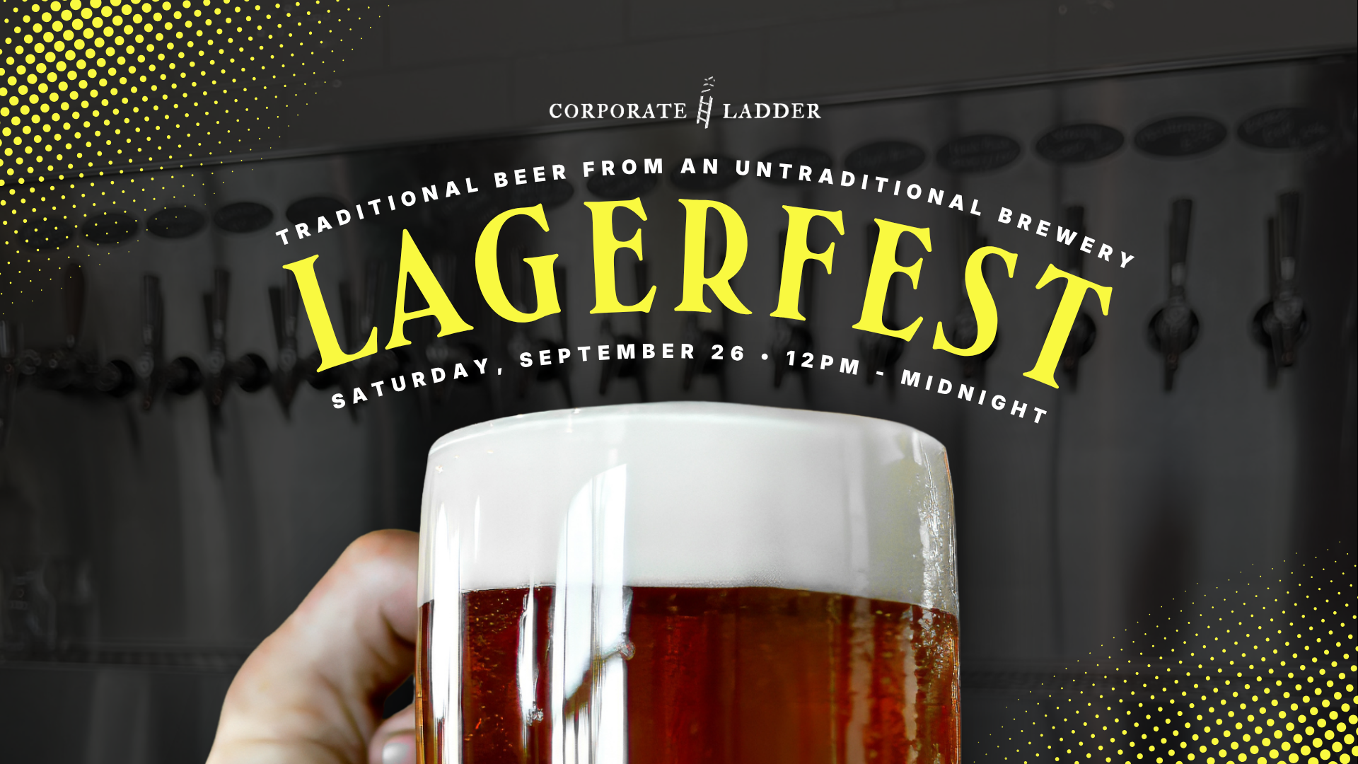 Lagerfest 2026 event graphic for Corporate Ladder Brewing Company in Palmetto, Florida featuring an amber beer pour and the phrase Traditional beer from an untraditional brewery.