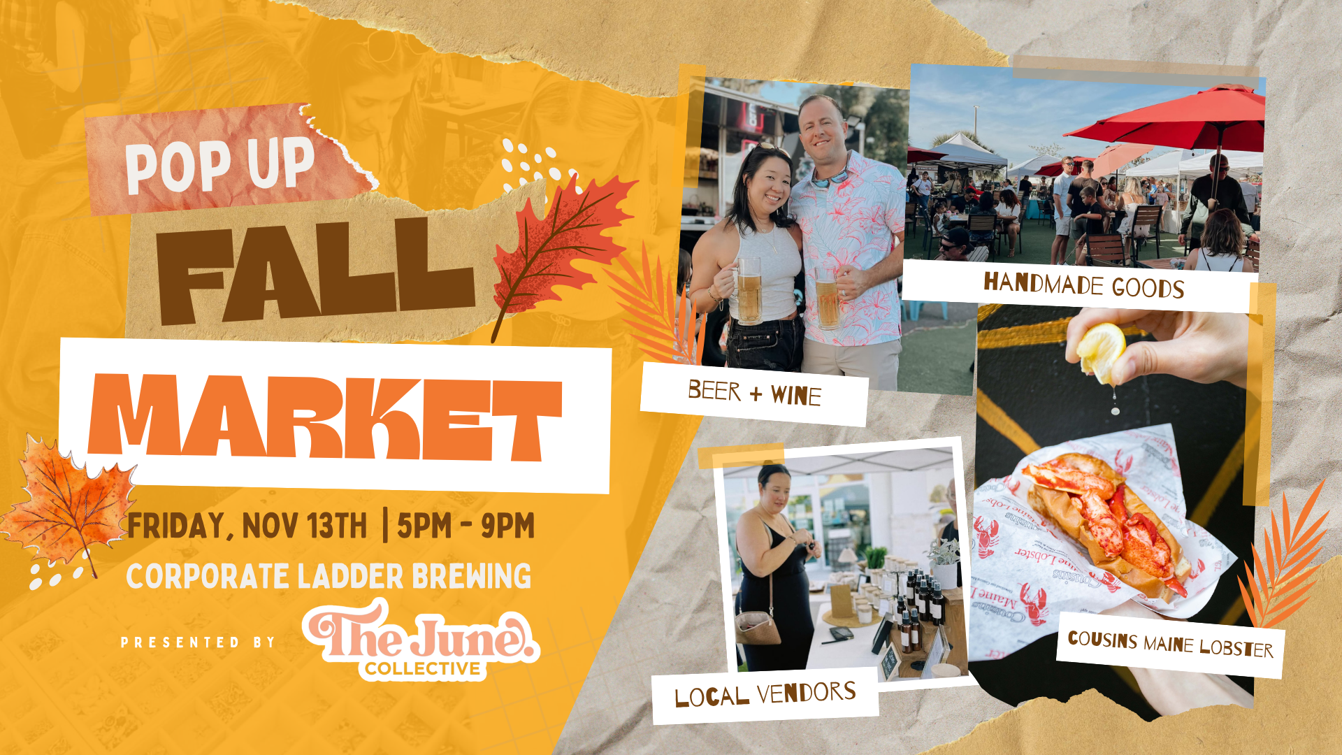 Fall Market event cover for Friday, November 13, 2026 at Corporate Ladder Brewing Company in Palmetto, FL with The June Collective and Cousins Maine Lobster.
