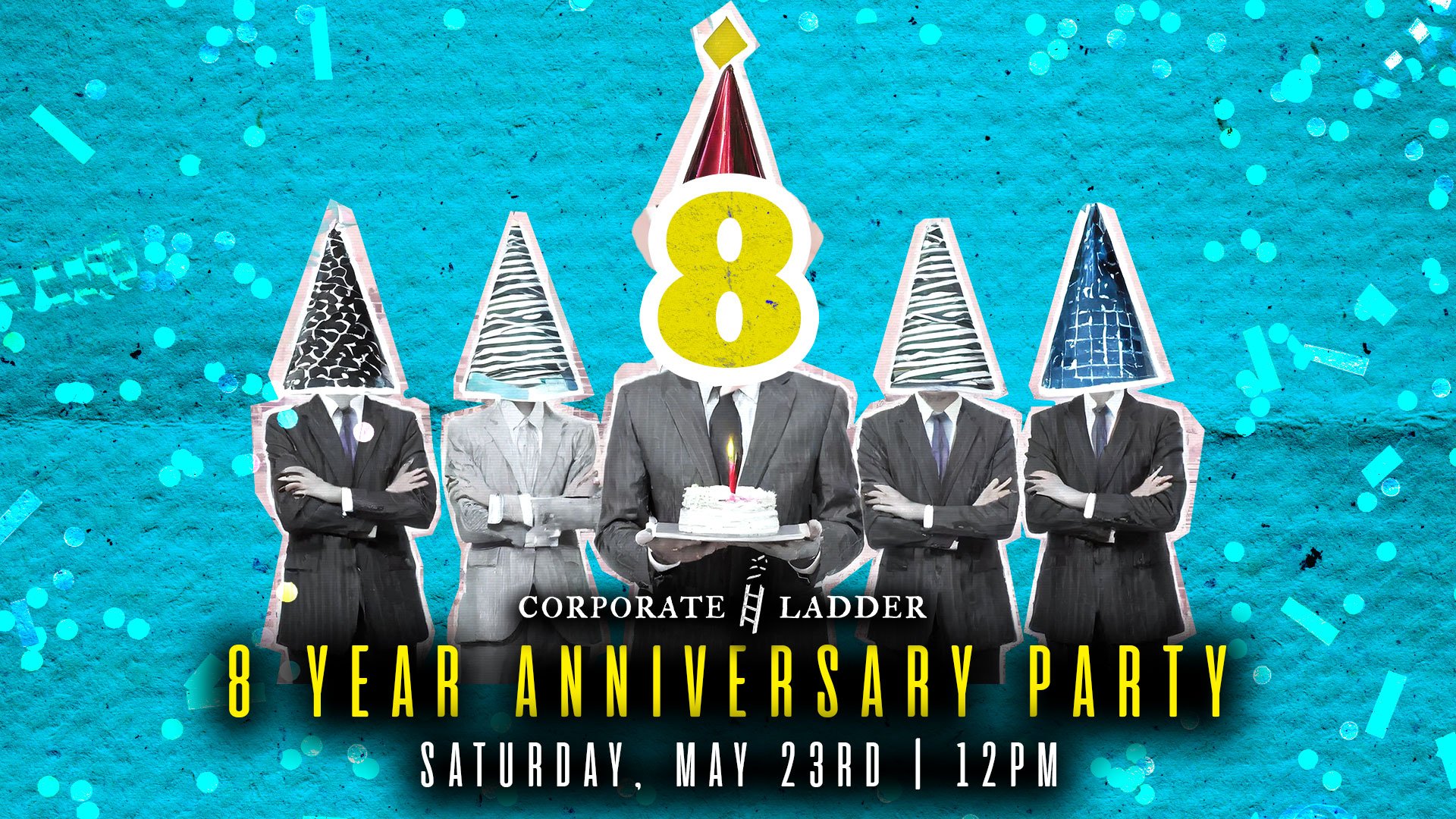 Corporate Ladder Brewing Company 8 Year Anniversary Party event graphic with surreal figures, birthday cake, and craft brewery event in Palmetto FL