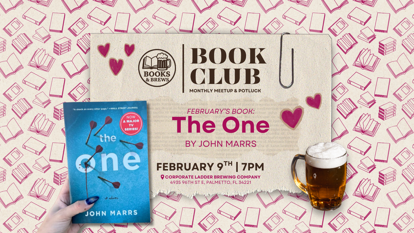 Invitation for a book club monthly meetup and potluck at Corporate Ladder Brewing Company featuring the book 'Hello Beautiful' by Ann Napolitano, scheduled for January 12th at 7 PM, with a background of books and a glass of beer.