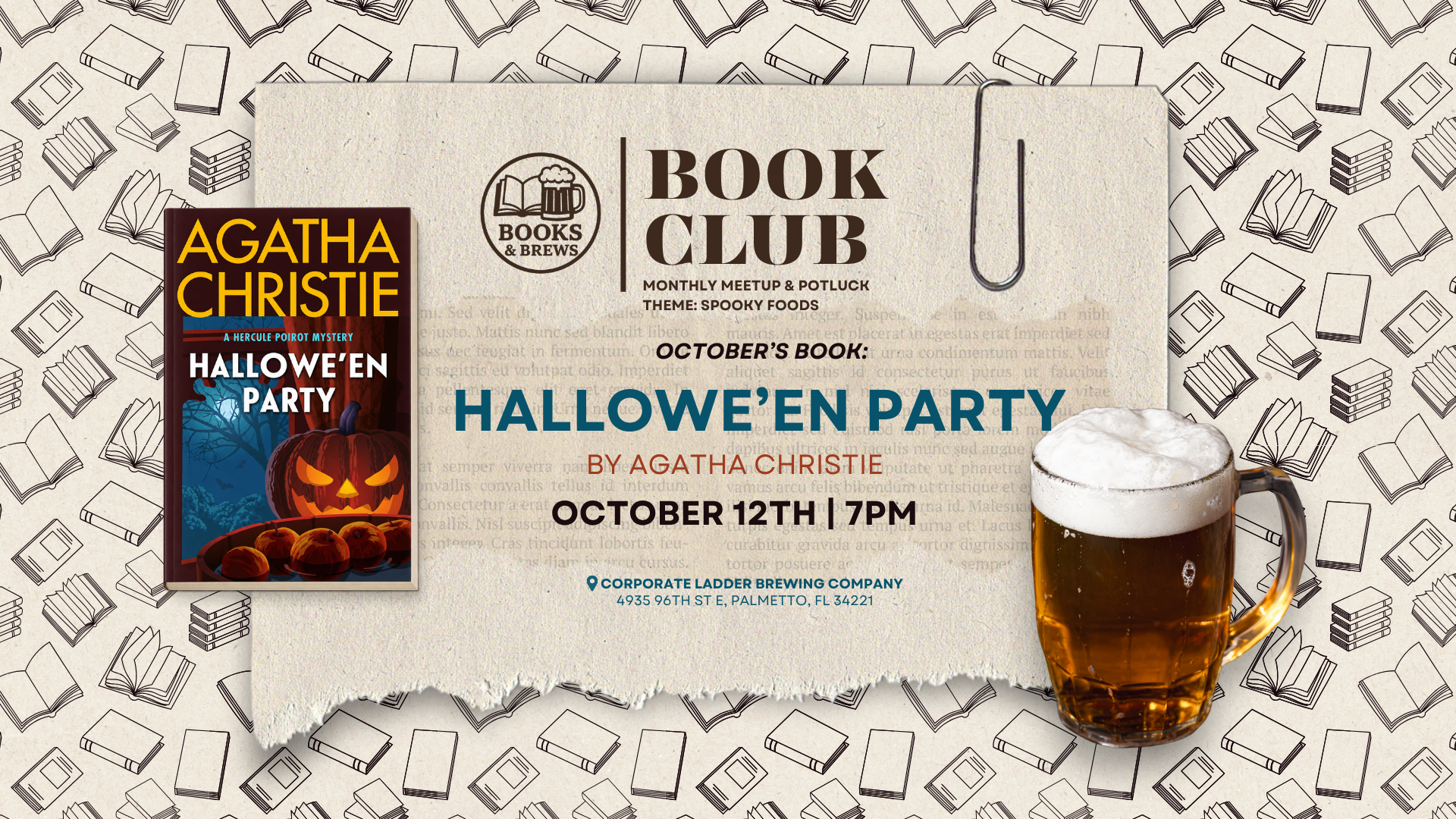 Books and Brews October graphic featuring Hallowe’en Party by Agatha Christie, a beer mug, and the October 12 meetup with a Spooky Foods potluck.