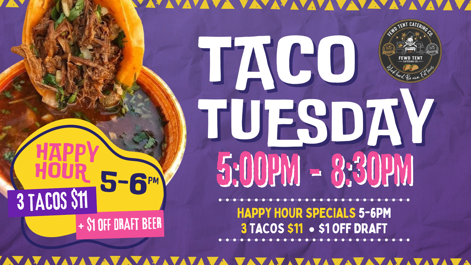Taco Tuesday graphic for Corporate Ladder Brewing in Palmetto, FL featuring Fewd Tent tacos, happy hour from 5 to 6pm, 3 tacos for $11, and $1 off draft beer.