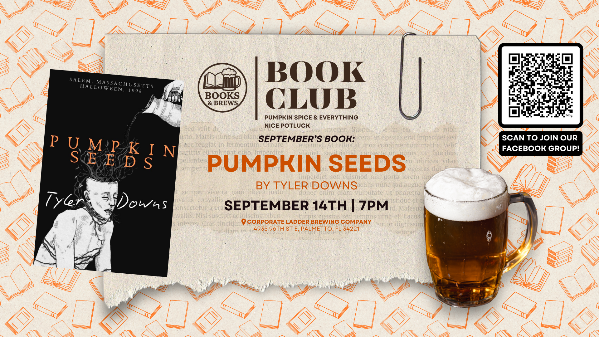 Books and Brews Book Club event graphic for the September meetup at Corporate Ladder Brewing Company in Palmetto, FL featuring Pumpkin Seeds by Tyler Downs.