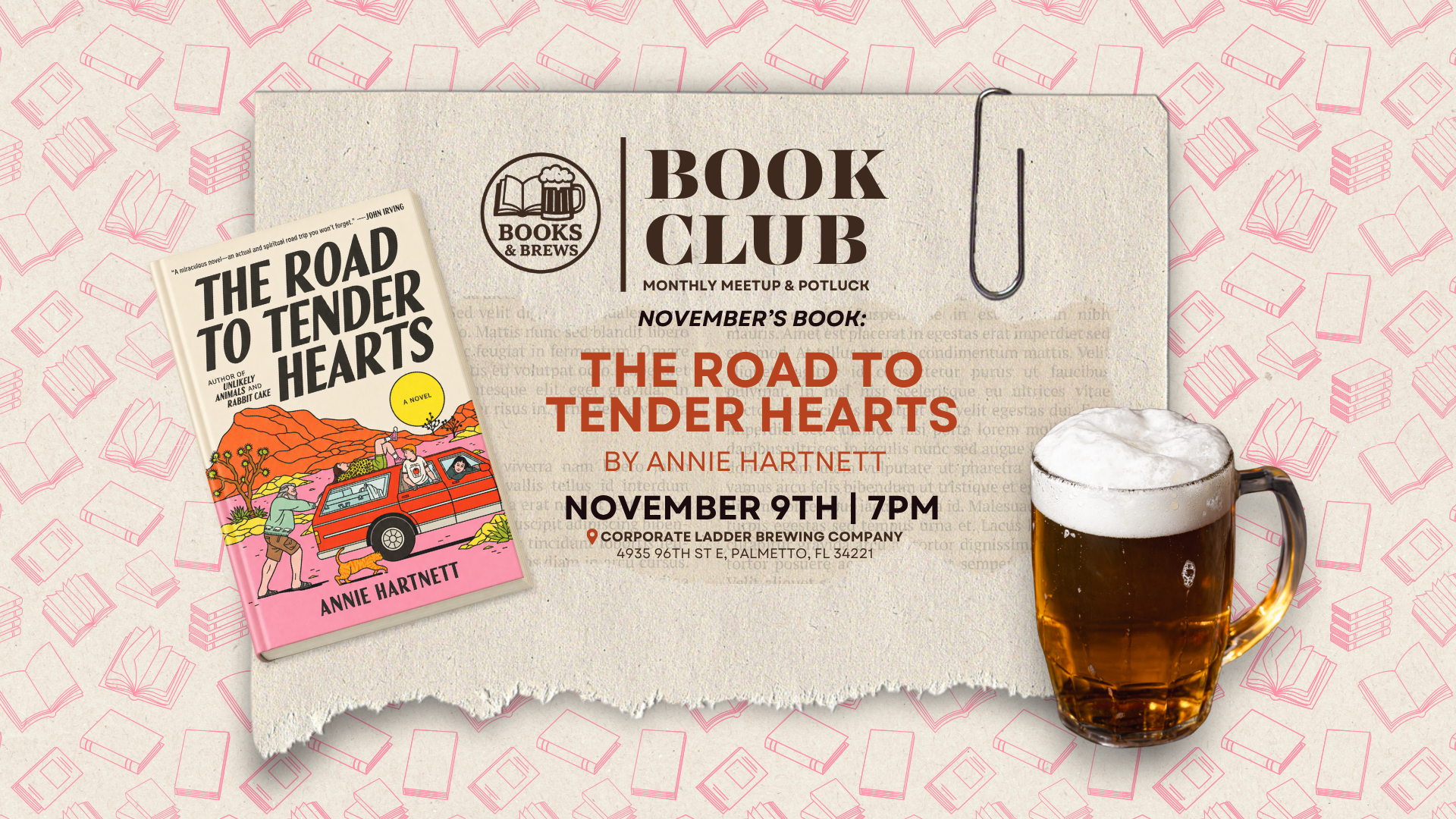 Books and Brews November 2026 graphic featuring The Road to Tender Hearts by Annie Hartnett, a beer mug, and the November 9 meetup at 7 PM.