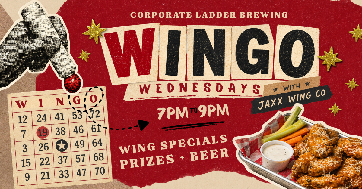 Wingo Wednesdays bingo night graphic for Corporate Ladder Brewing Company in Palmetto, Florida with wings from Jaxx Wing Co.
