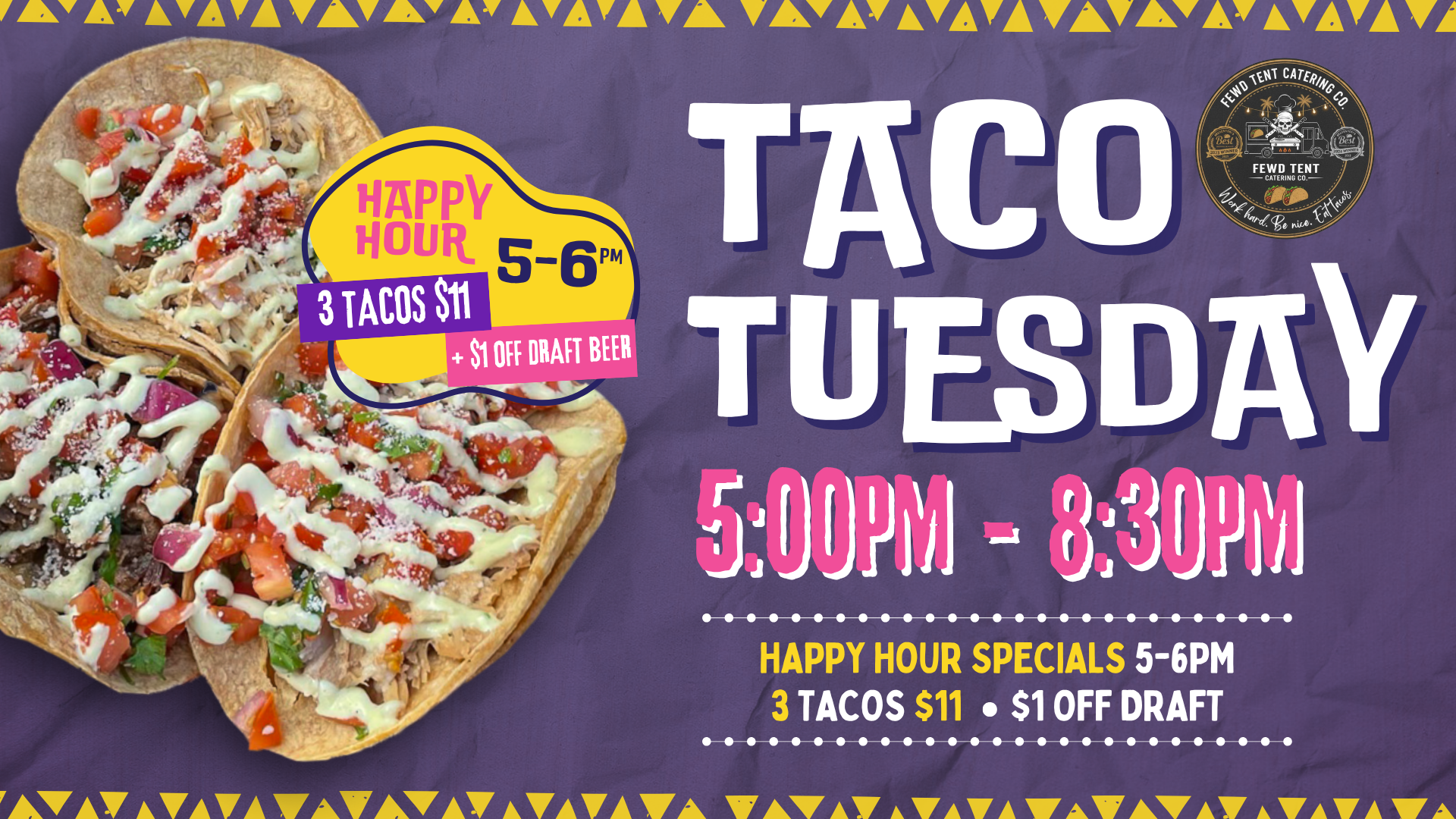 Taco Tuesday graphic for Corporate Ladder Brewing in Palmetto, FL featuring Fewd Tent tacos, happy hour from 5 to 6pm, 3 tacos for $11, and $1 off draft beer.