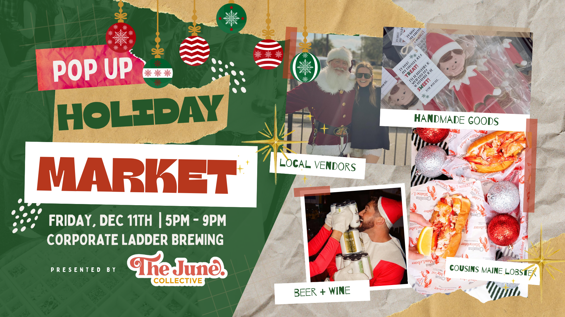 Holiday Pop-Up Market event cover for Friday, December 11, 2026 at Corporate Ladder Brewing Company in Palmetto, FL with The June Collective and Cousins Maine Lobster.