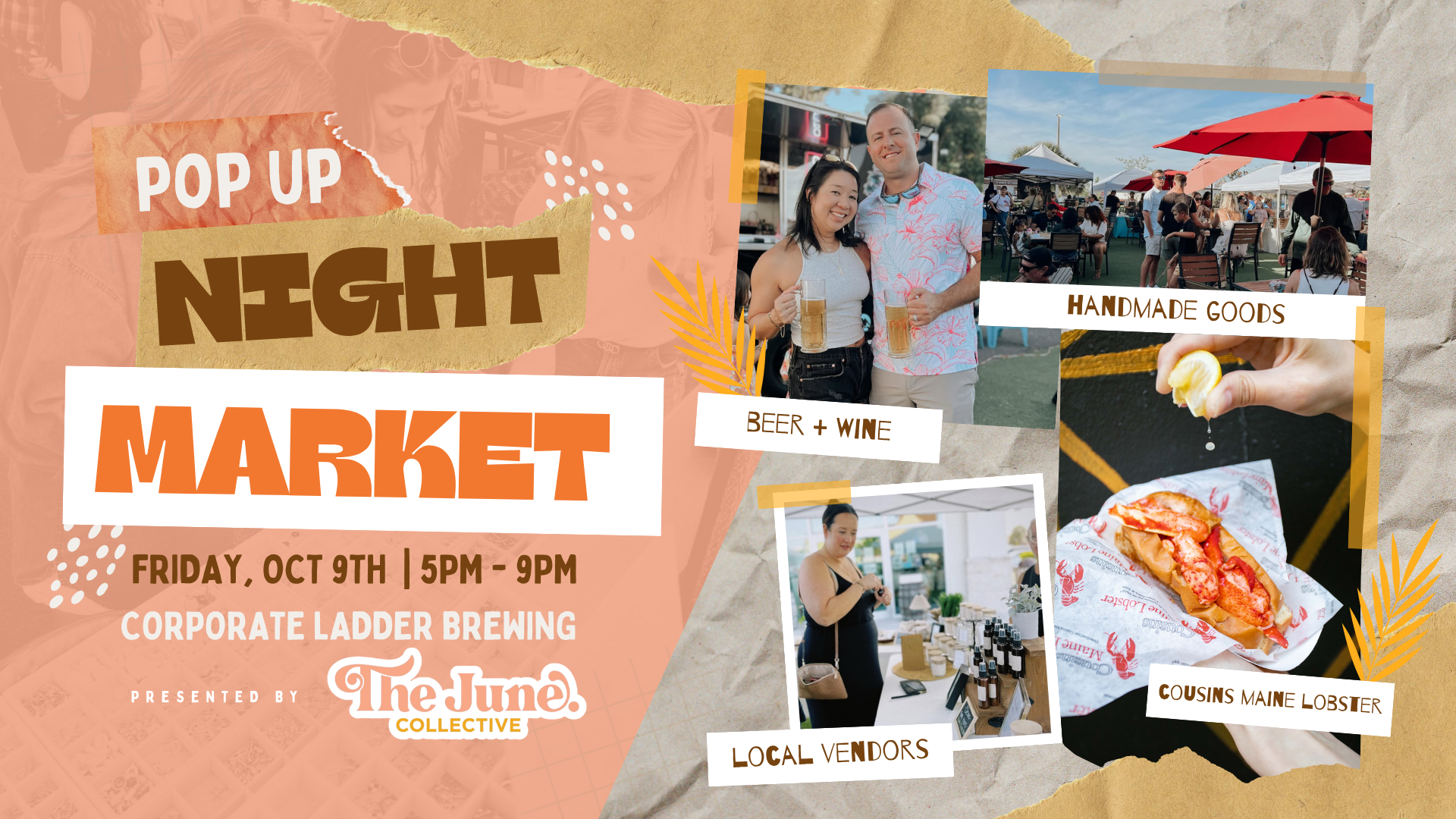 Night Market event cover for Friday, October 9, 2026 at Corporate Ladder Brewing Company in Palmetto, FL with The June Collective and Cousins Maine Lobster.