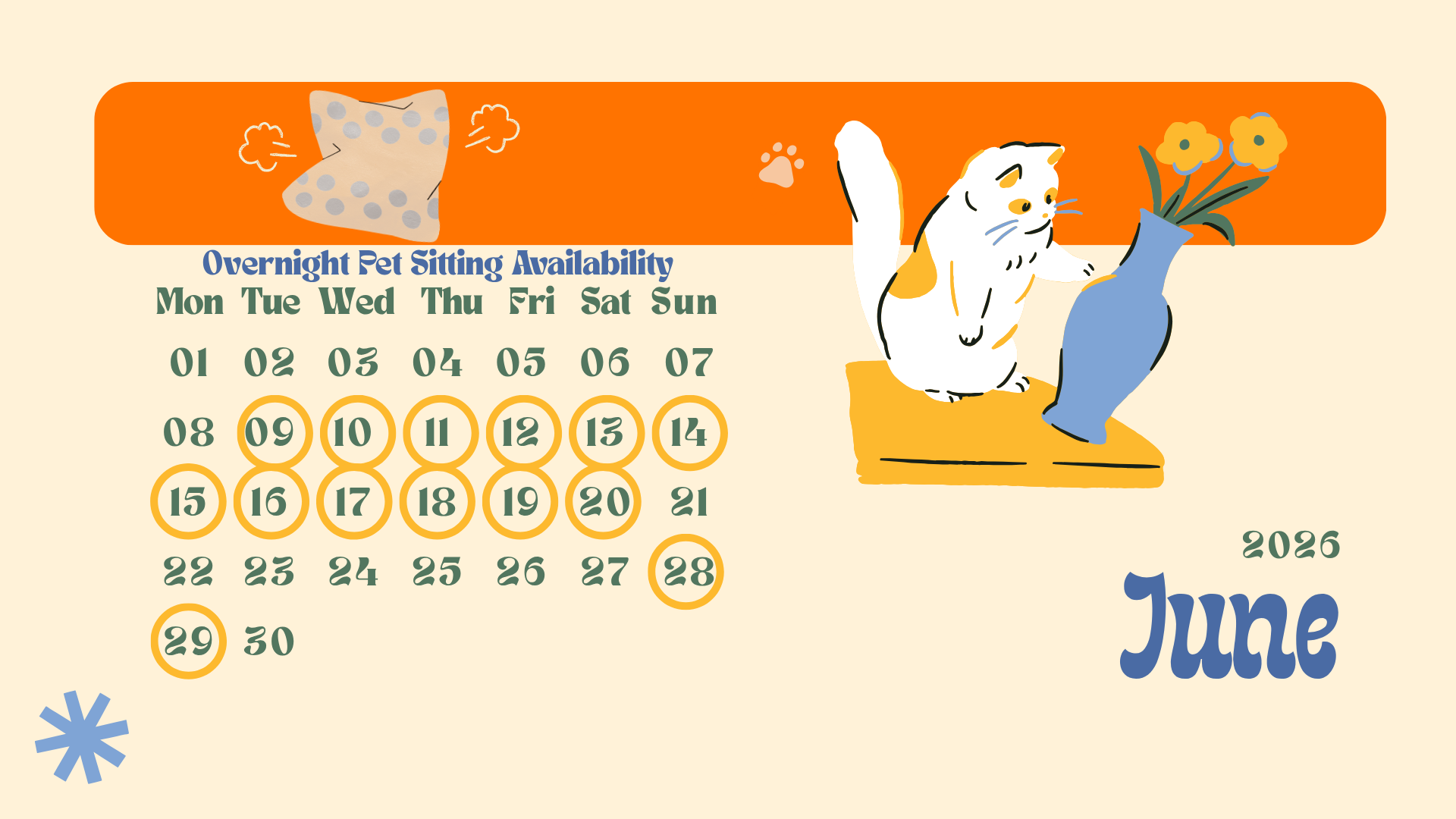 June 2026 pet sitting availability calendar for June with days marked for overnight pet sitting, featuring an illustration of a cat next to a vase with flowers and a scattered illustration of a blanket in the top left corner.