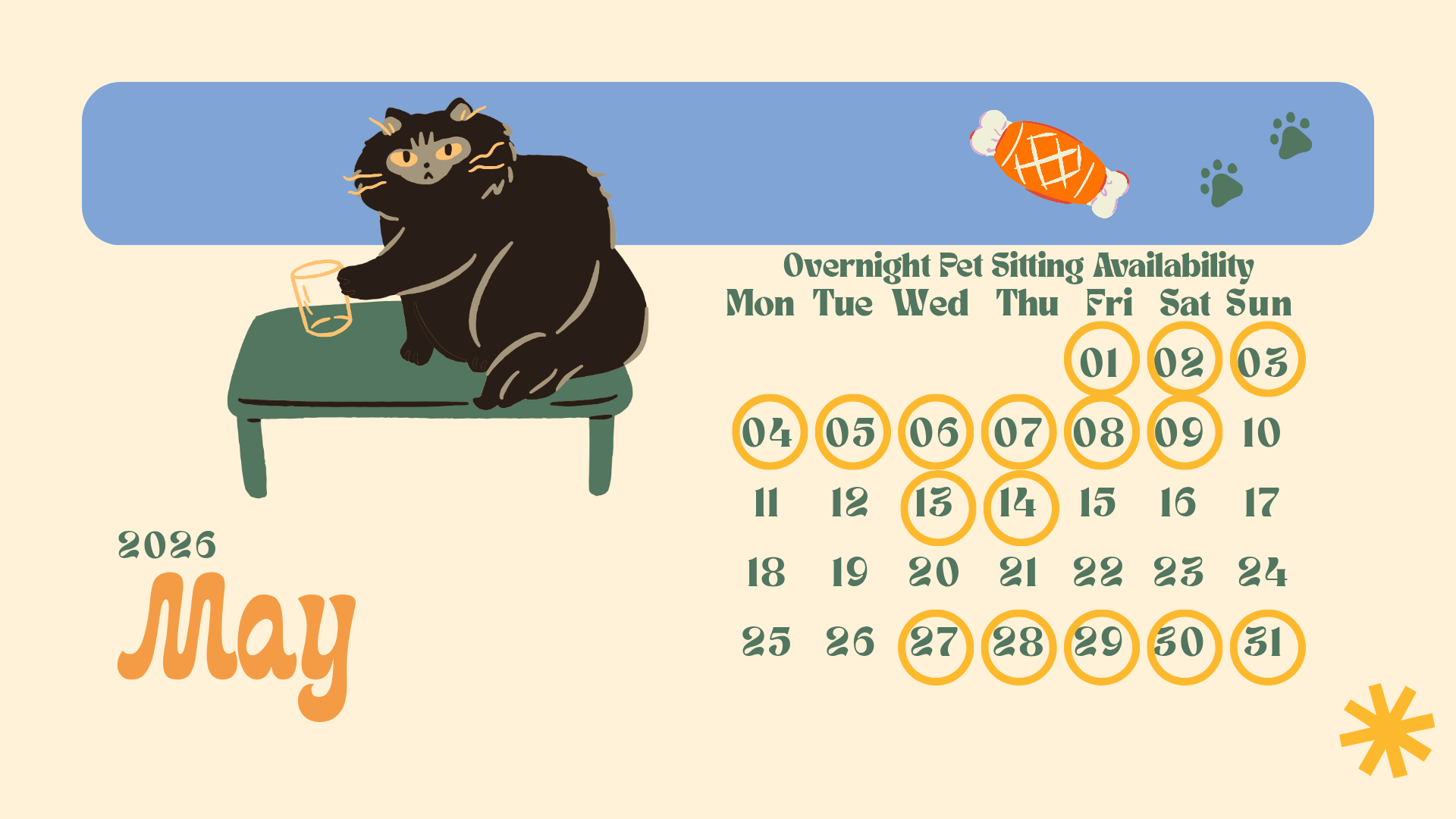 Calendar for May 2026 with overnight pet sitting availability marked on the 1st, 2nd, 3rd, 8th, 9th, 13th, 15th, 20th, 27th, 28th, 29th, and 30th. Illustration of a black cat sitting on a table, holding a glass, with a blue background, paw prints, a toy, and a decorative flower.