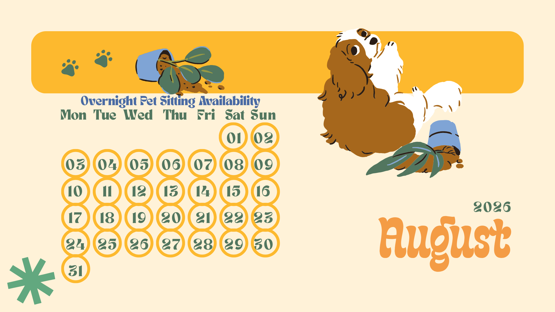 August 2026 calendar showing pet sitting availability with dates marked in circles, featuring a dog illustration and paw print graphics.