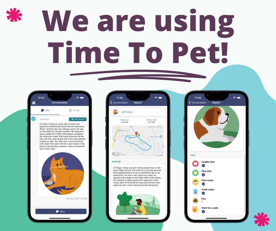 Illustration of a mobile app called 'Time To Pet' with three phone screens showing conversations and pet activity reports, including a chart, map, and pet profiles.