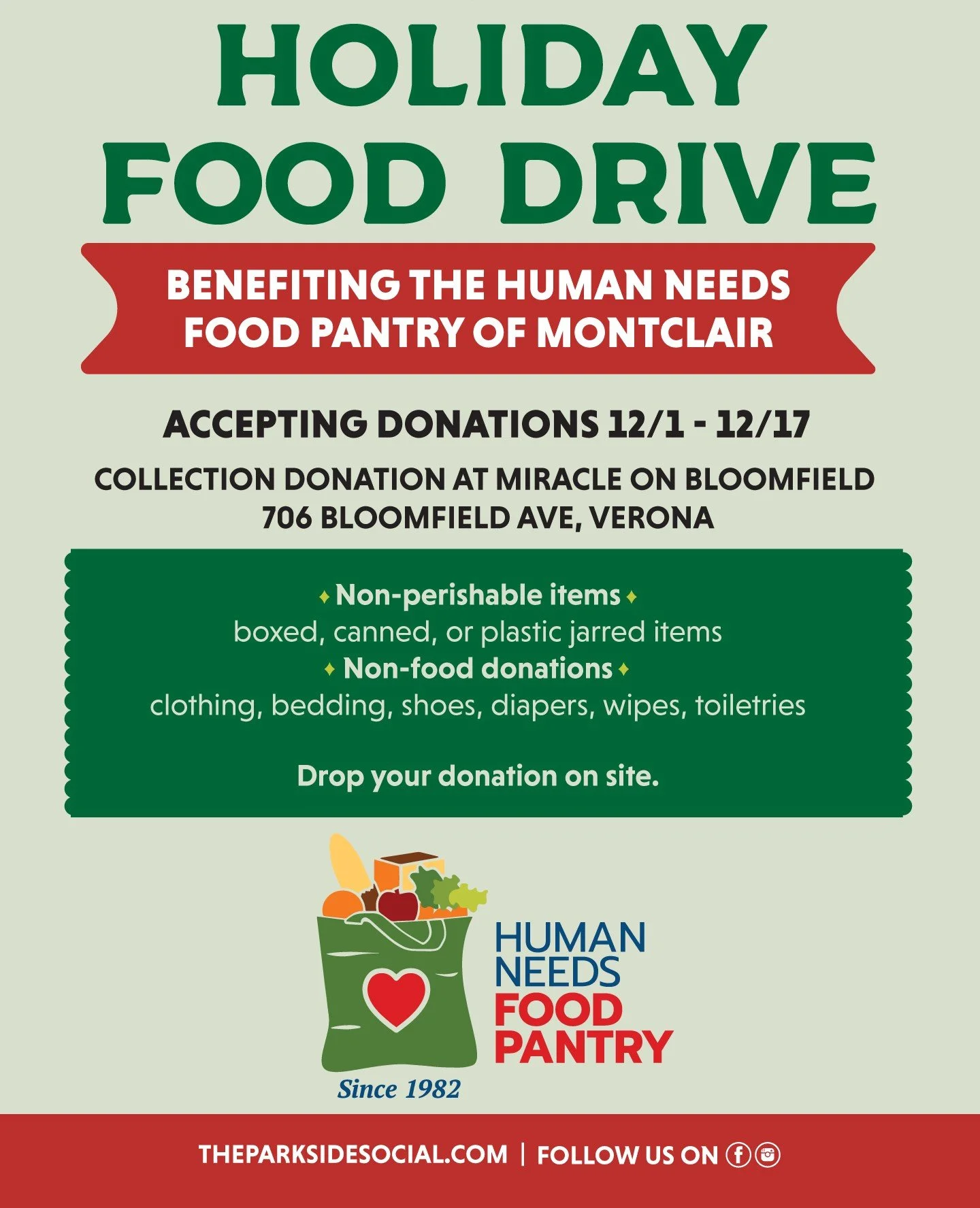 The season of giving starts here. 🎁 Our annual Holiday Food Drive begins TOMORROW, December 1st. Join us at Miracle on Bloomfield as we collect donations for the Human Needs Food Pantry of Montclair &mdash; helping local families in need this holida