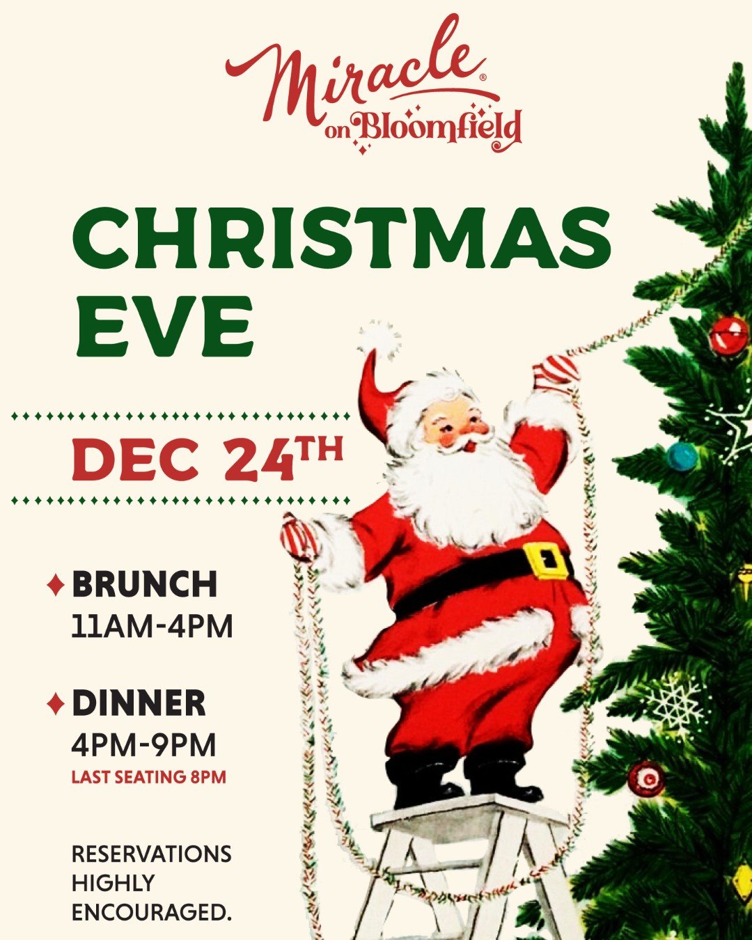 Santa&rsquo;s finishing his decorating&hellip; and we&rsquo;re getting ready to serve up a Christmas Eve full of holiday cheer at Miracle on Bloomfield! 🎅💫

✨ Brunch: 11AM&ndash;4PM
✨ Dinner: 4PM&ndash;9PM (last seating 8PM)

Book your table on Res