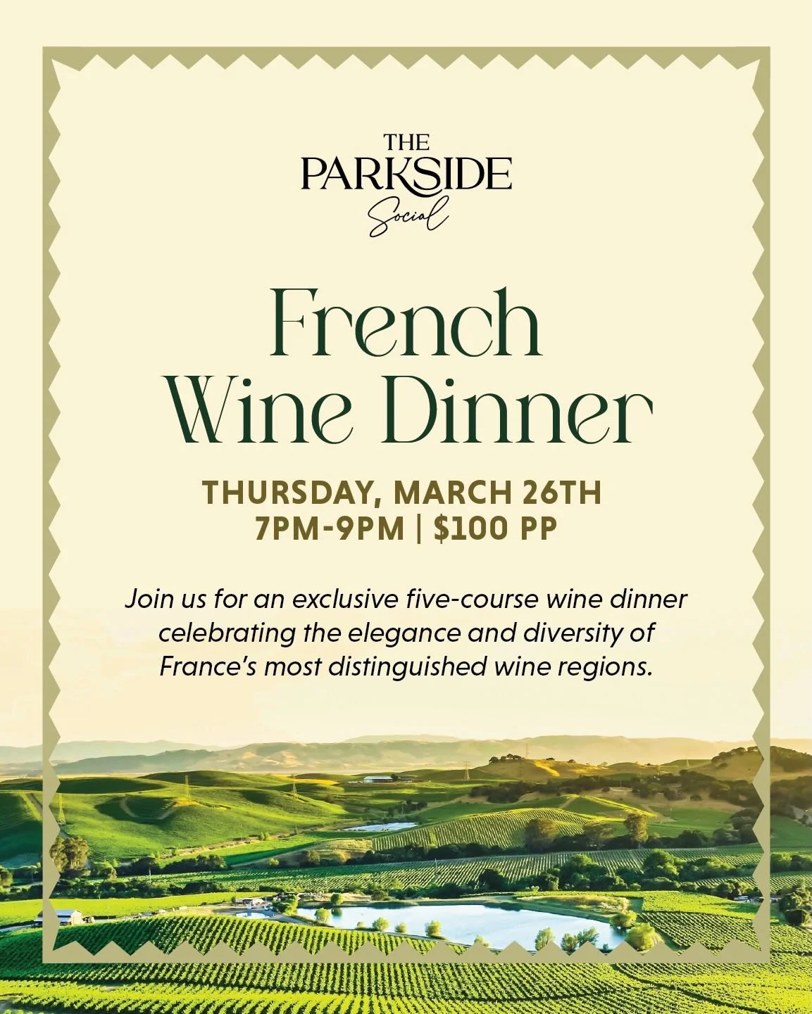 From the Loire Valley to Bordeaux and beyond, this is a French wine lover&rsquo;s dream 🍷🇫🇷

Join us at The Parkside Social on March 26th for a journey through the vineyards of France with a five-course chef-curated wine dinner pairing classic Fre