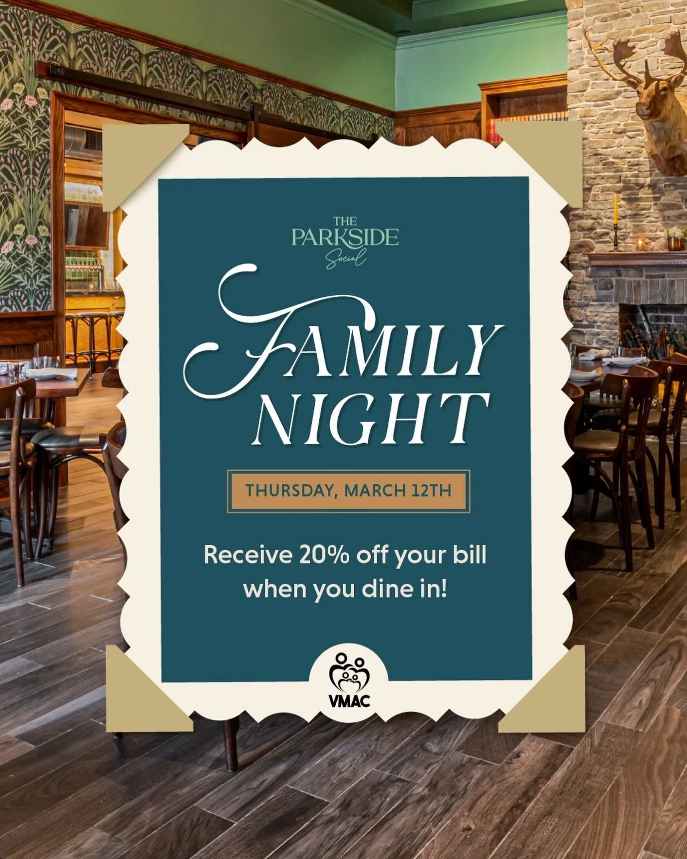 Join us at The Parkside Social on Thursday, March 12th for VMAC Family Night and enjoy 20% off your bill when you dine in.

A perfect excuse to put the books and schedules aside and spend the evening together.

Book your table on Resy with the link i