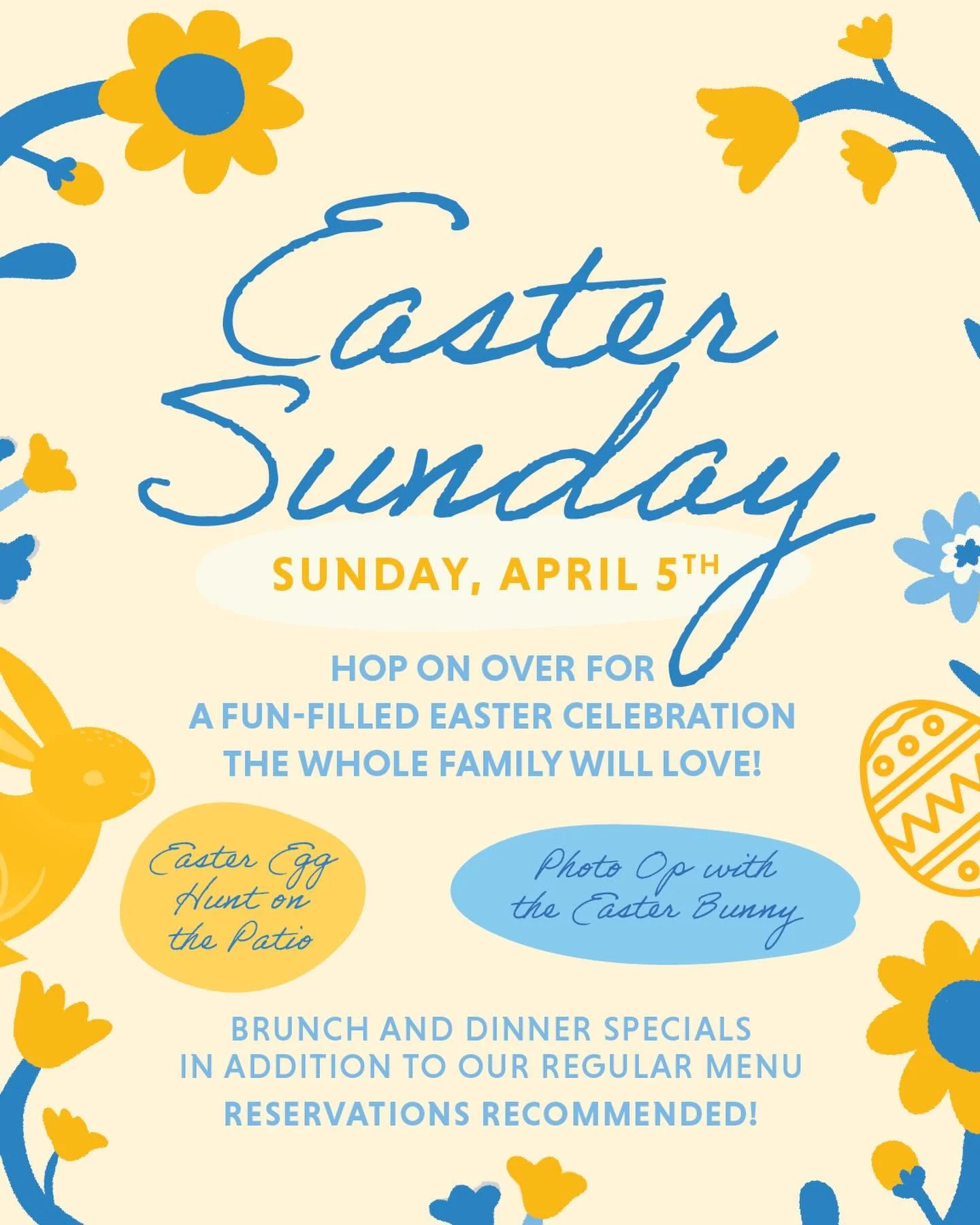 Spring has officially sprung at The Parkside Social 🌼🐰

Join us for Easter Sunday brunch + dinner filled with good food, good vibes, and family fun.

&bull; Easter egg hunt on the patio
&bull; Photos with the Easter Bunny
&bull; Special brunch &amp