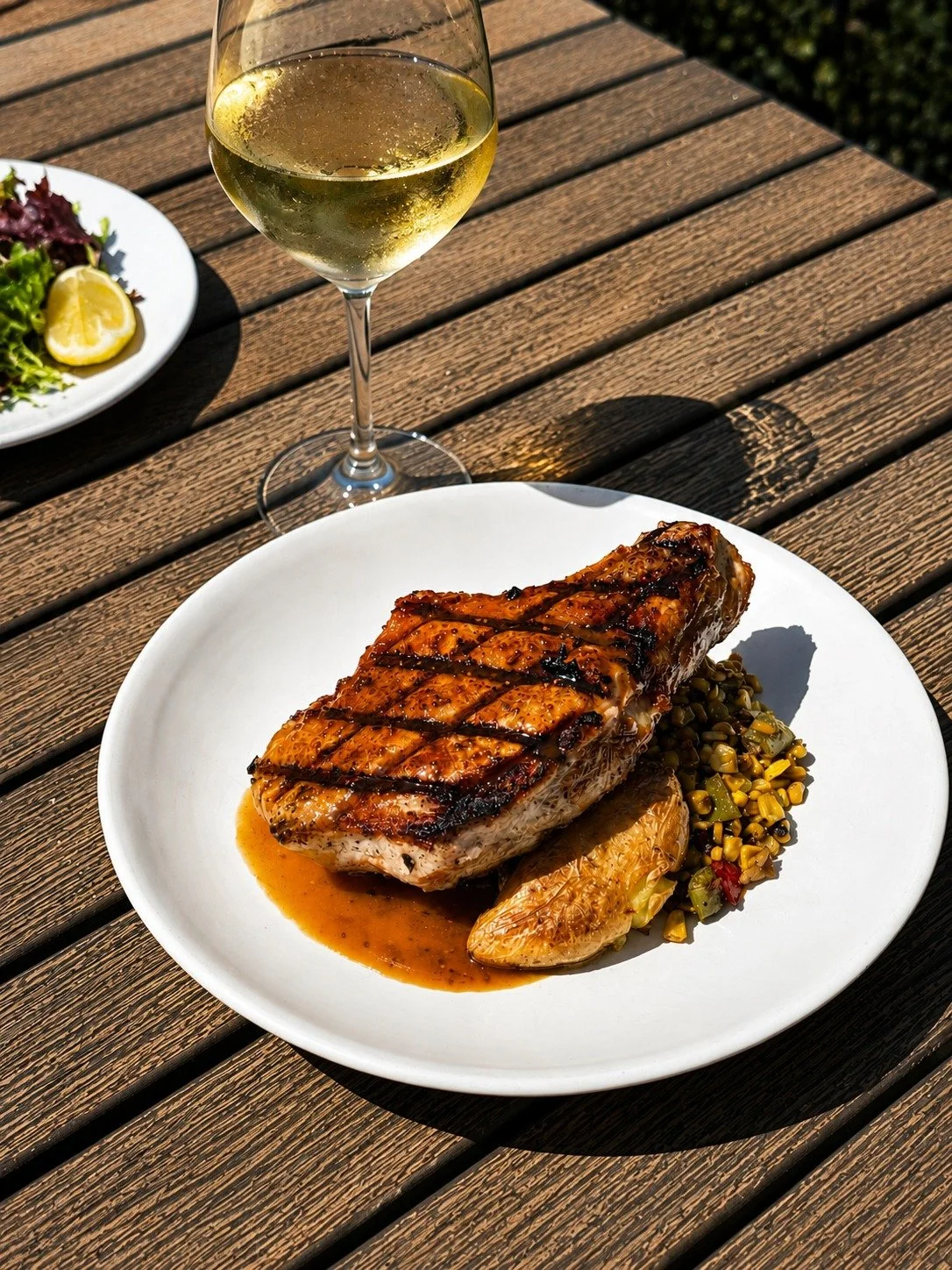 If you haven't had our Blackened Pork Chop lately, now's a good time to change that.

We've paired it with corn succotash, smashed fingerling potatoes, and a whole grain mustard sauce for the season.

Perfect with a glass of wine on the patio.