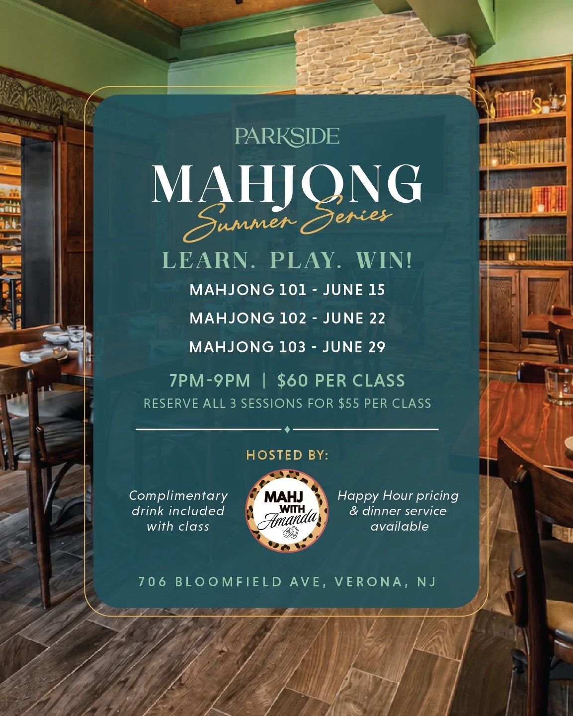Mahjong Summer Series at Parkside.

Join @mahjwithamanda for three consecutive Monday nights of mahjong, cocktails, and summer fun!

June 15, June 22 &amp; June 29
7:00&ndash;9:00 PM
$60 per class (includes one complimentary drink)

Whether you're sh