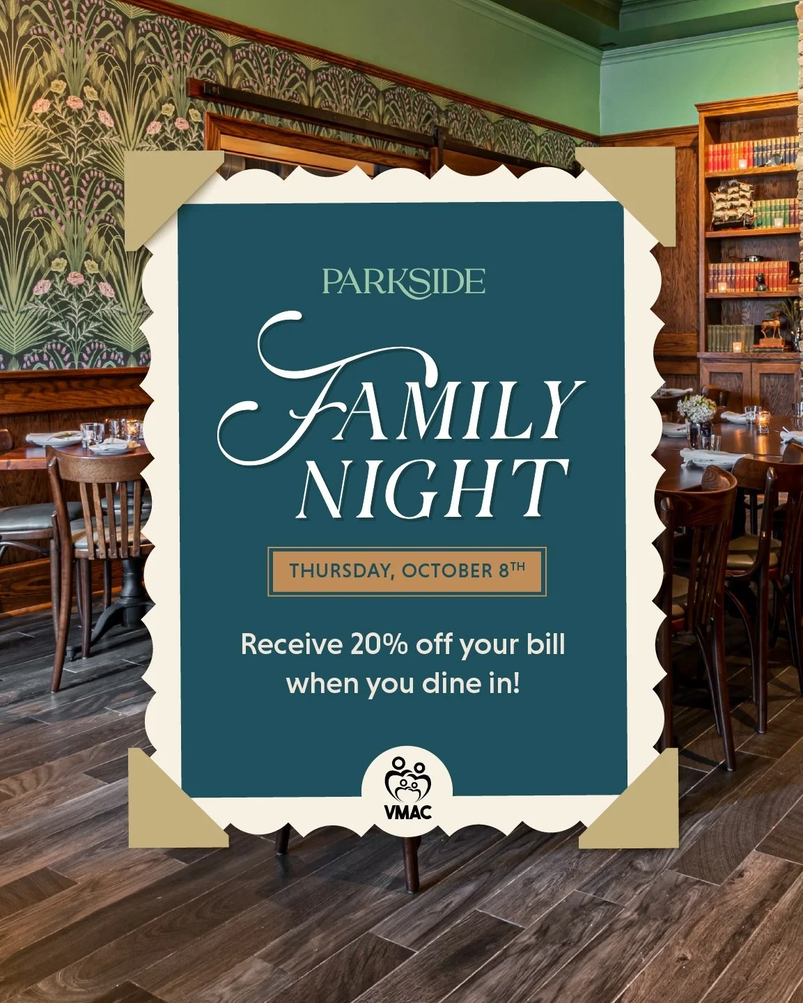Join us at Parkside this Thursday, October 8th, for VMAC Family Night and enjoy 20% off your bill when you dine in! 

#VMACFamilyNight #VeronaNJ