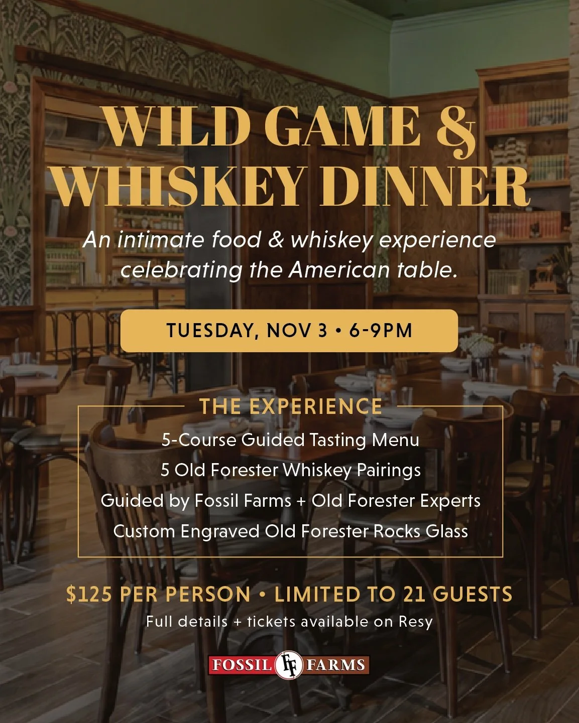 Wild game meets whiskey at Parkside. 

Join us November 3 for an intimate 5-course dinner featuring wild game paired with five pours from Old Forester&rsquo;s Whiskey Row Series, with guided presentations from @fossilfarms and @oldforester experts.

