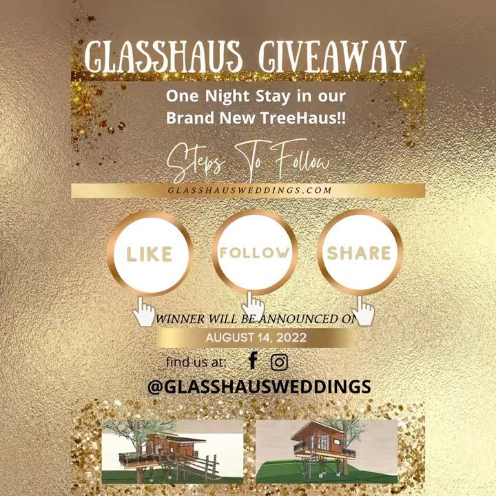 GIVE AWAY!!! 🏕❣️

*Valued at $500!*

Follow these steps for YOUR chance to win a one night stay in one of our beautiful treehauses! 

1. Follow @glasshausweddings on Instagram

2. Like this post and share on your story

3. Tag 3 friends in the comme