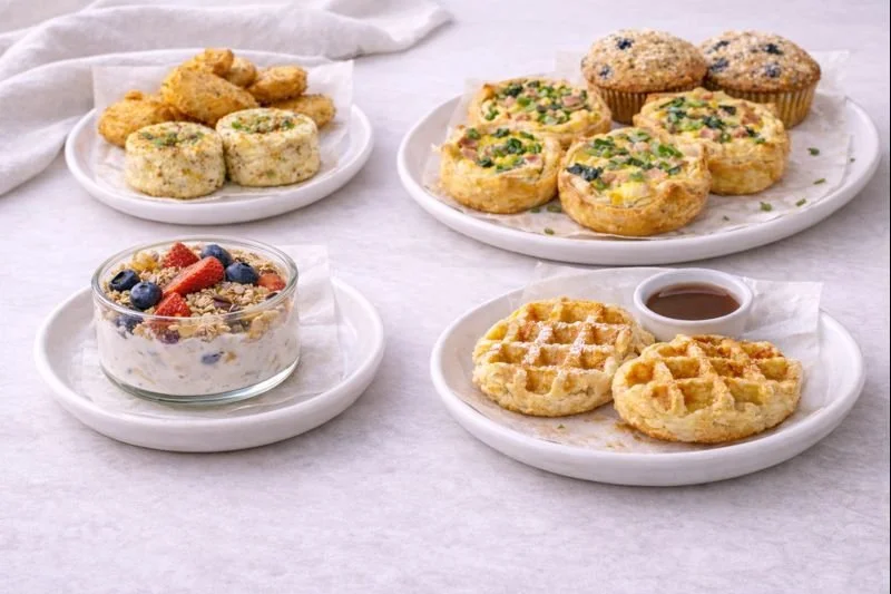 Assorted breakfast foods on white plates, including fried chicken tenders, mini quiches with green vegetables, blueberry muffins with streusel topping, waffles with syrup, and a yogurt parfait topped with berries and granola.