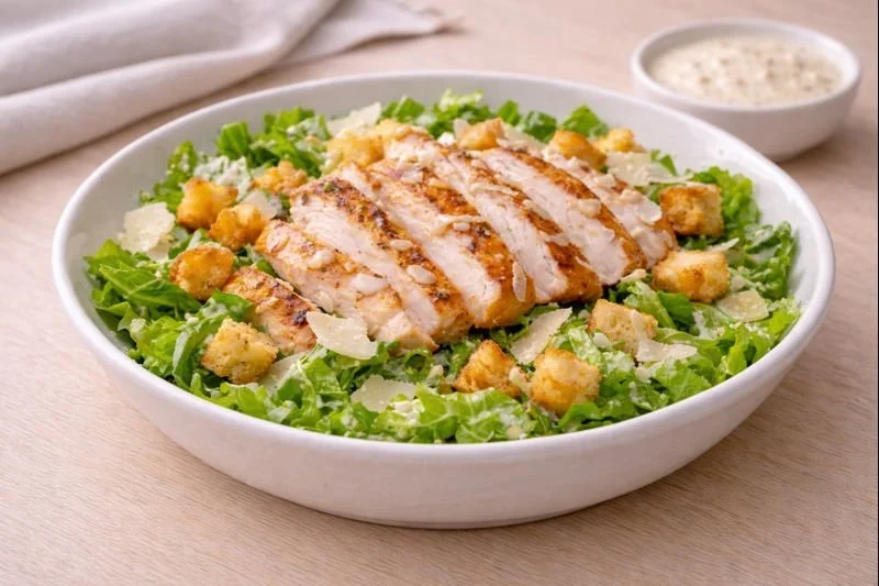 Chicken Caesar salad with romaine lettuce, grilled chicken, croutons, Parmesan cheese shavings, and Caesar dressing in a white bowl
