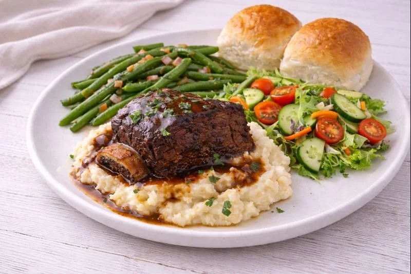 Plate of food with green beans, two dinner rolls, salad with cherry tomatoes and cucumbers, and a serving of mashed potatoes topped with a beef rib and gravy.