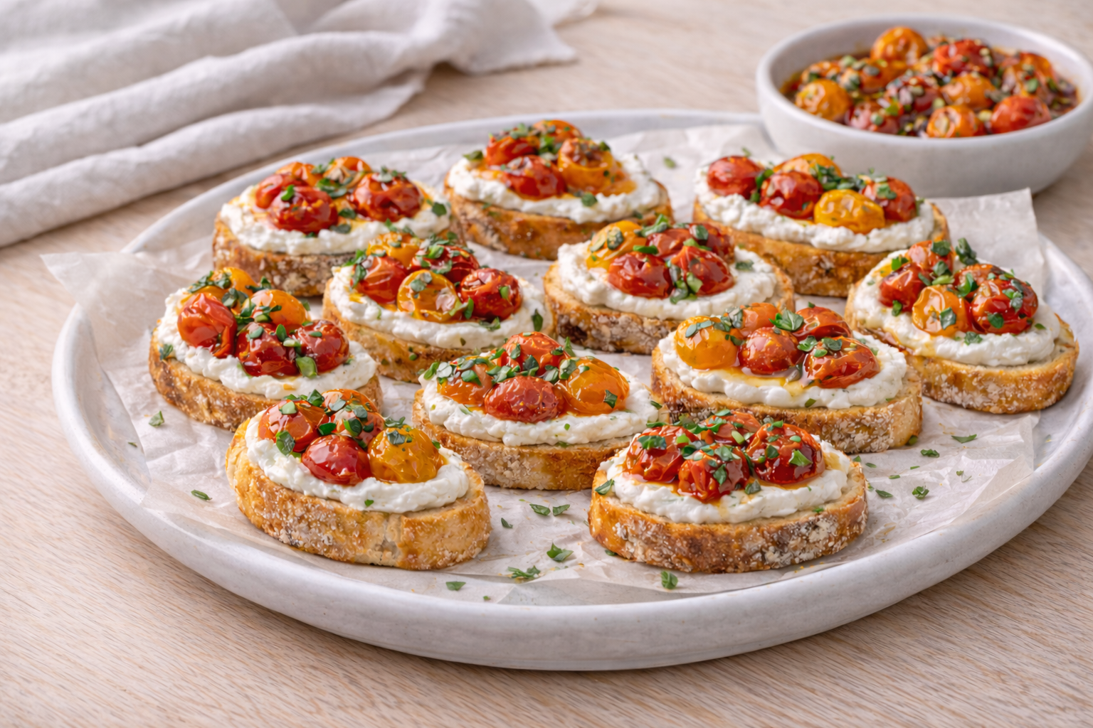 A white plate filled with toasted baguette slices topped with ricotta cheese, cherry tomatoes, and chopped herbs, with a bowl of cherry tomatoes in the background.