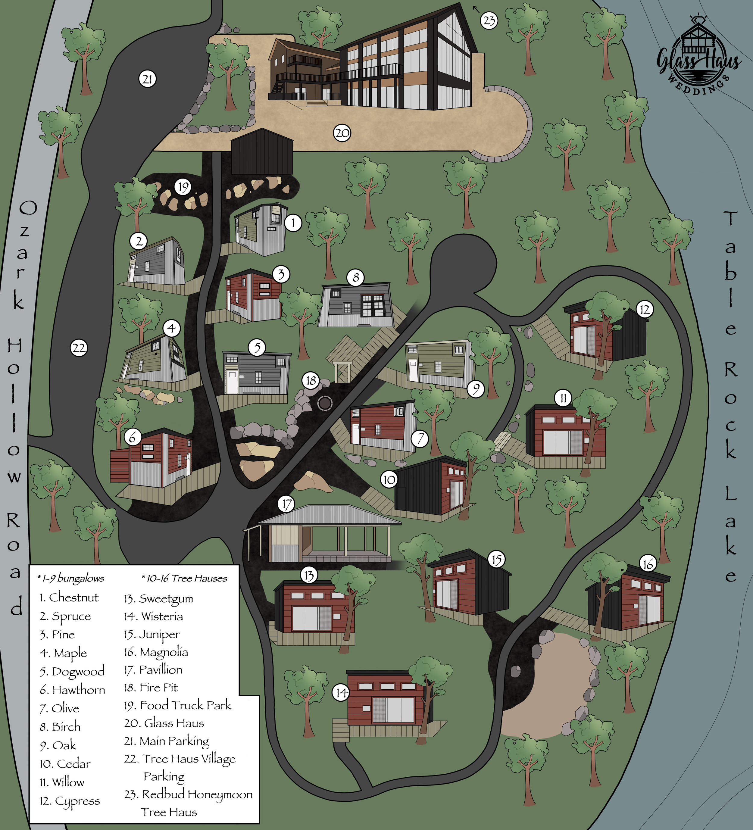 A detailed map of Glass Haus Weddings, featuring various cabins and amenities along a winding road near Table Rock Lake. The map includes labels for individual cabins, a food truck park, a main parking area, a vineyard, fire pit, pavilion, and a large glass house with surroundings of trees, rocks, and water.