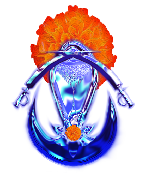 floating iridescent oval shape sits on a lotus flower on top of a crescent moon and has two iridescent swords across its belly. Orange and red marigolds flank its sides.