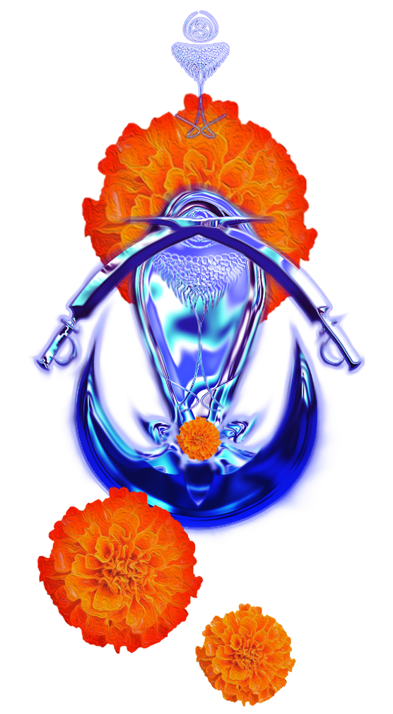 floating iridescent oval shape sits on a lotus flower on top of a crescent moon and has two iridescent swords across its belly. Orange and red marigolds flank its sides.