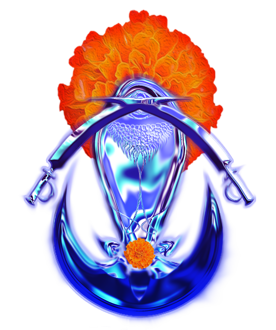 floating iridescent oval shape sits on a lotus flower on top of a crescent moon and has two iridescent swords across its belly. Orange and red marigolds flank its sides.