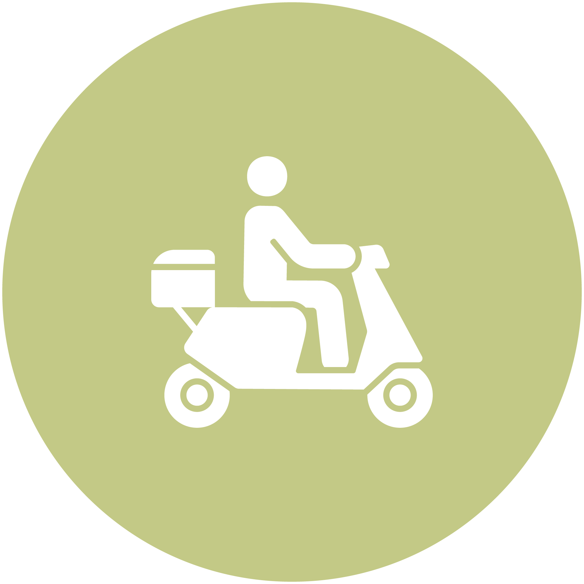 Icon of a person riding a mobility scooter with a basket at the back, inside a green circle.