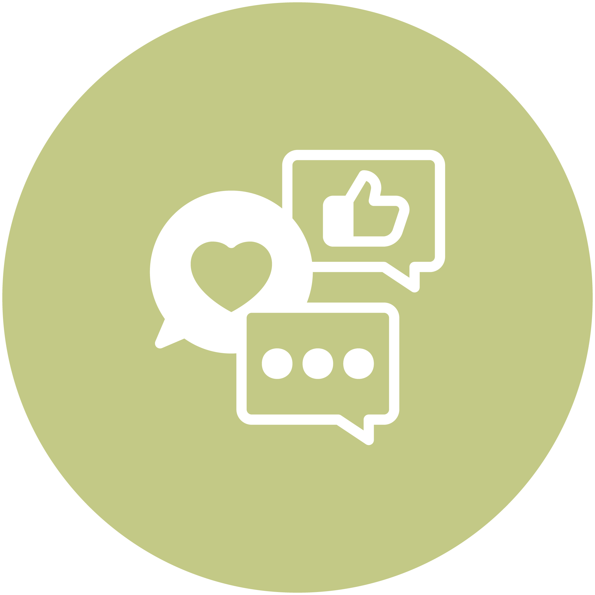 Icons of chat bubbles with a heart, thumbs-up, and three dots, indicating social media or messaging interactions.