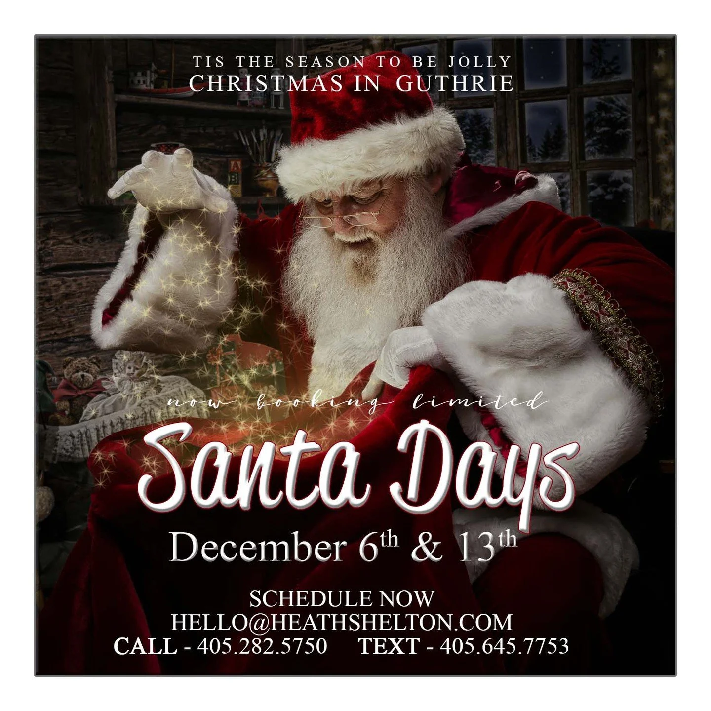 Book Here!!
https://tidycal.com/sheltonphotography/santa-days-2025

Guess who&rsquo;s coming to Shelton&rsquo;s Photography &amp; Design?
Santa&rsquo;s back in Guthrie &mdash; and he&rsquo;s ready to make Christmas magic! 🌟 Bring your little ones fo