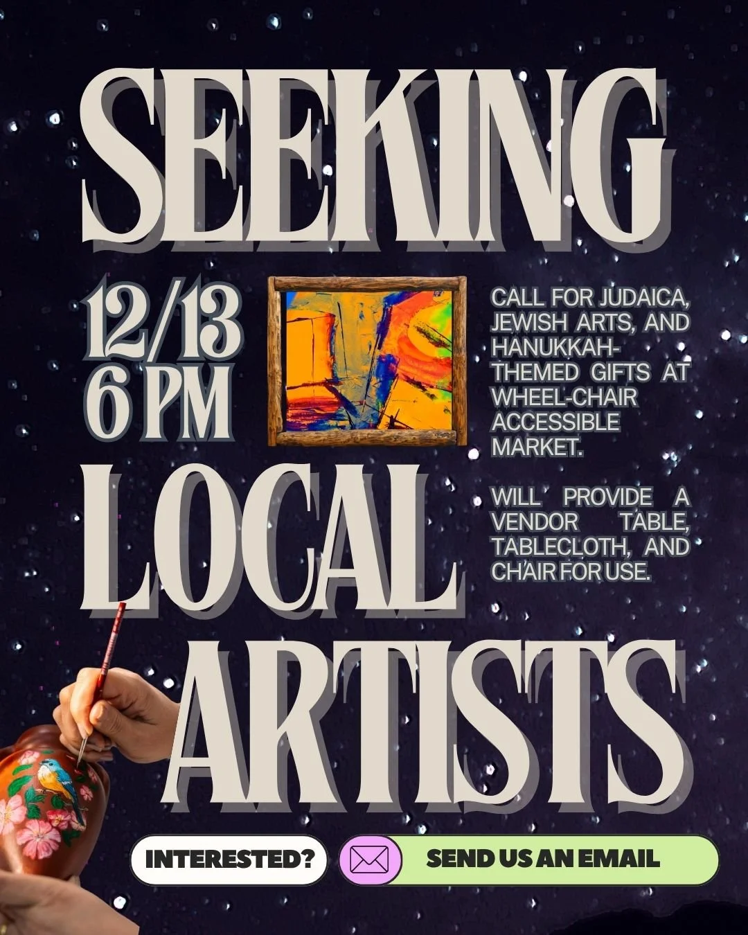 Art friends! We're hosting our 30th Anniversary Celebration at the @bellmuseum and want you there! 
As part of our celebrations, we're inviting local artists to join our wheel-chair accessible Hanukkah market on Saturday, December 13th.
Logistics: