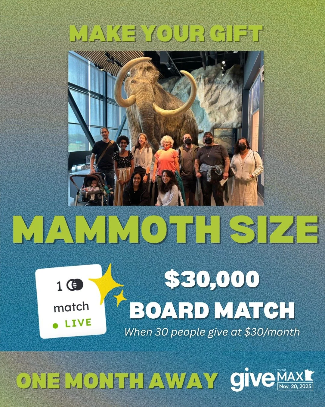 One month to go! 💛 #GTMD25 Your gift can go further than ever, thanks to a $30,000 board match!
This November, we celebrate 17 years of giving with GiveMN, and next month, 30 years of grassroots solidarity at the @bellmuseum (yes, that's our team w