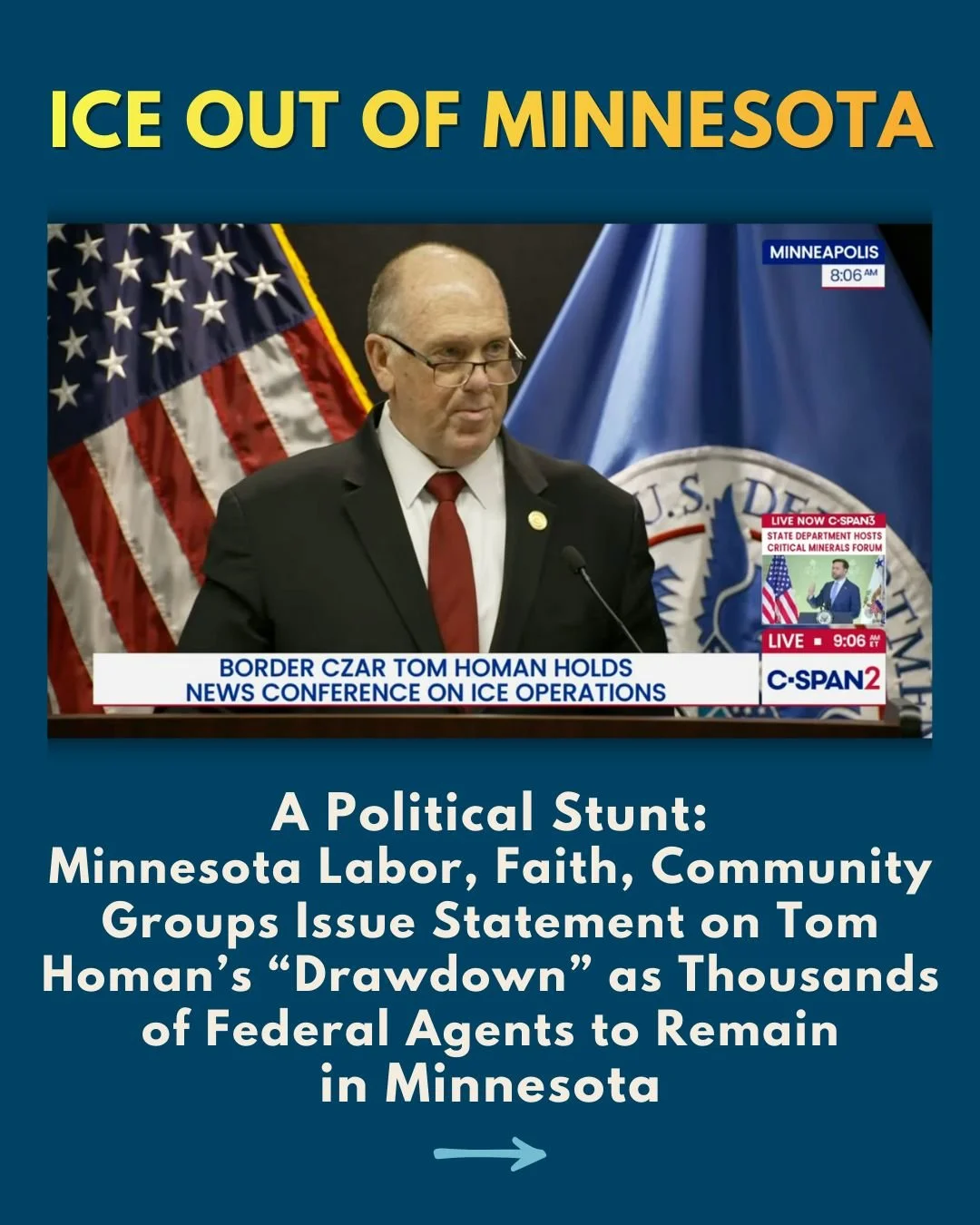 "Until families can leave their homes without fear of being profiled and children can go to school without worrying about being used as bait, Minnesotans will remain insistent on our demand for ICE to leave our state and will continue to peacefu