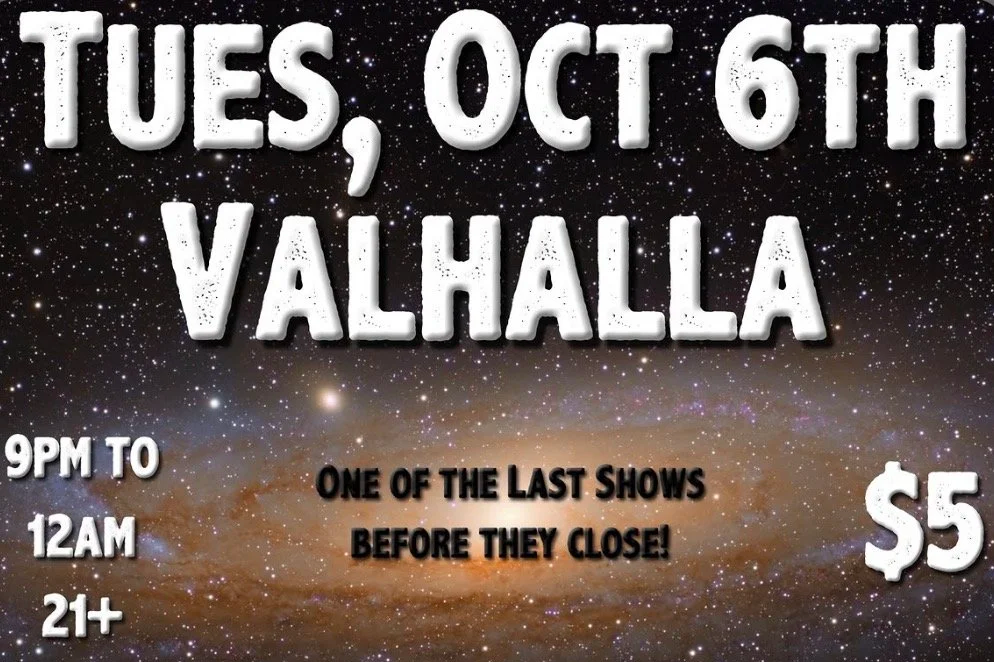Event poster with a starry galaxy background advertising Valhalla shows on Tuesday, October 6th, from 9 PM to 12 AM, for ages 21 and up, with a $5 entry fee.